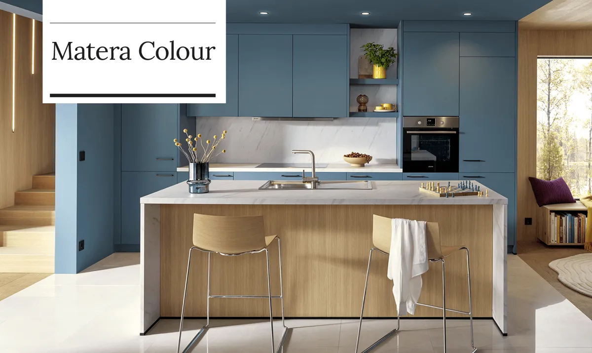 Contur Matera Design Inselküche Stahlblau